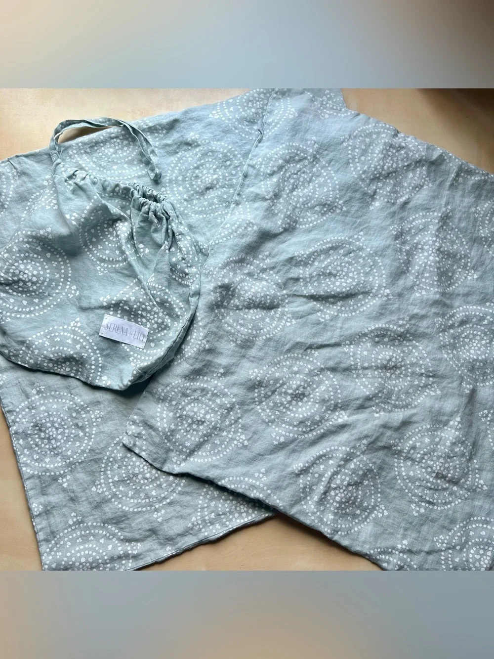 Serena & Lily Seafoam Linen Euro Sham Covers with White Dot Medallion Print